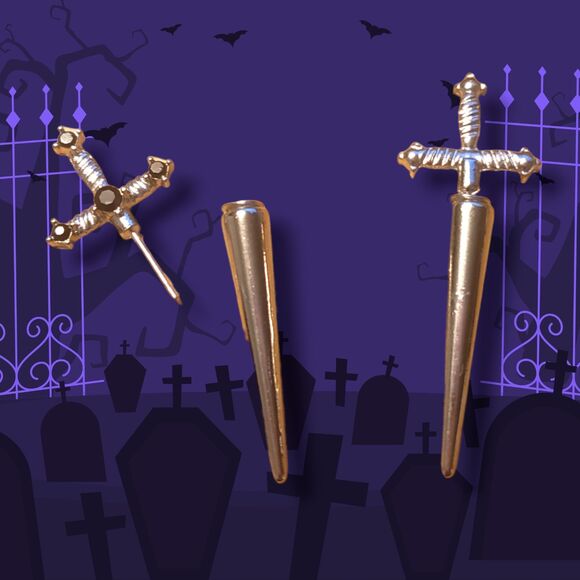 Silver Rhinestones DAGGER Earrings Halloween Gothic Stab - Picture 3 of 5